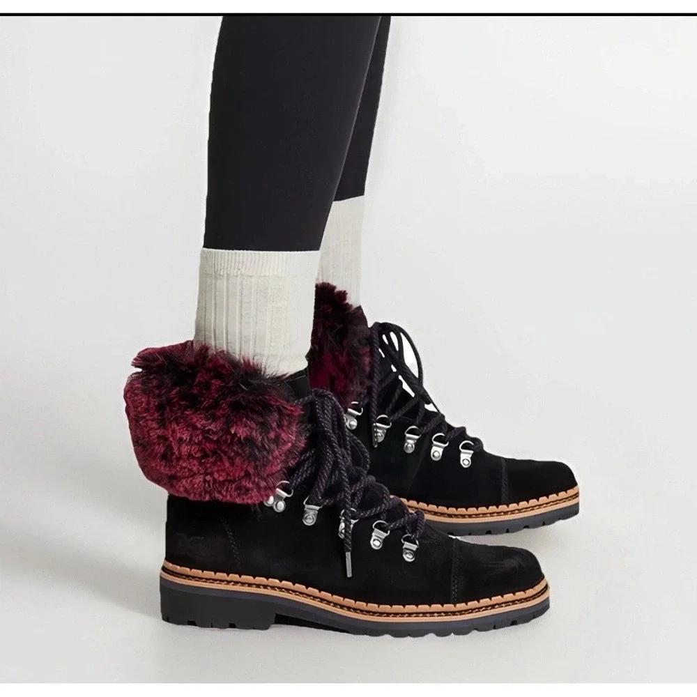 New Sam Edelman‎ Black Suede Boots Women's 9 Bowen Pink Wine Faux Fur Lug Sole